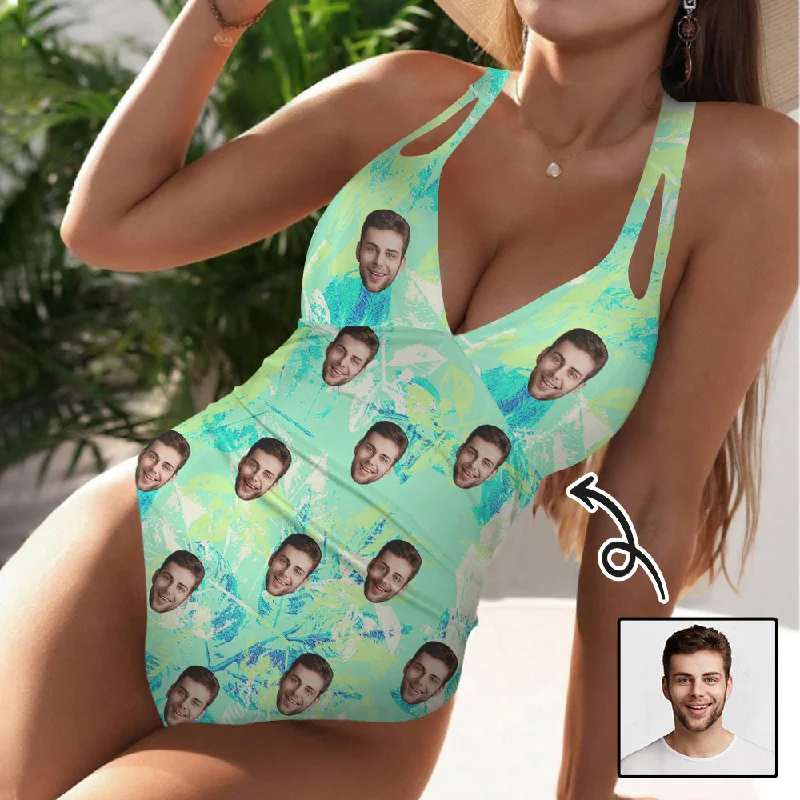 Custom Deep V Neck Cross Back Tie One Piece Swimsuit Personalized Face Green Bathingsuit Swimwear