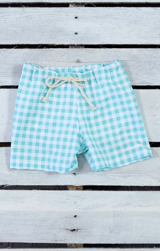 Seafoam Gingham Swim Trunks