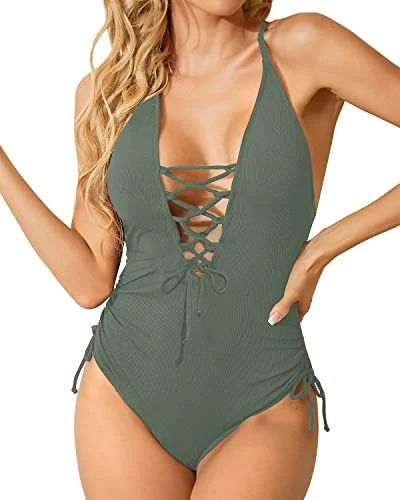 Sexy Plunge V Neck Lace Up One Piece Swimsuit Women's Tummy Control Bathing Suits