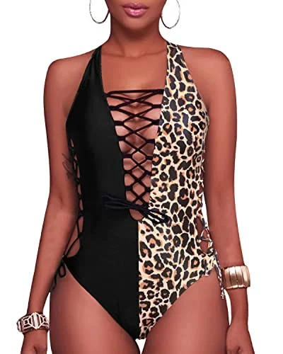 Sexy Plunge V Neck Monokini Women's Lace Up One Piece Swimsuits