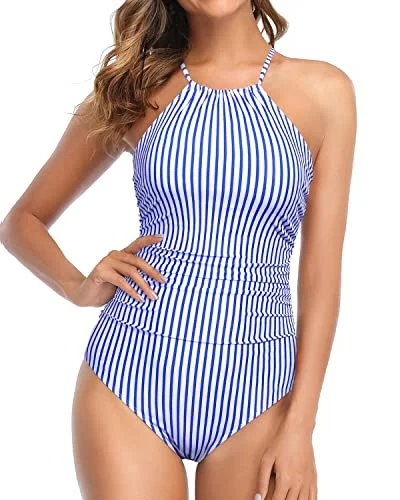 Slimming Women's High Neck One Piece Swimsuit-Blue White Stripe