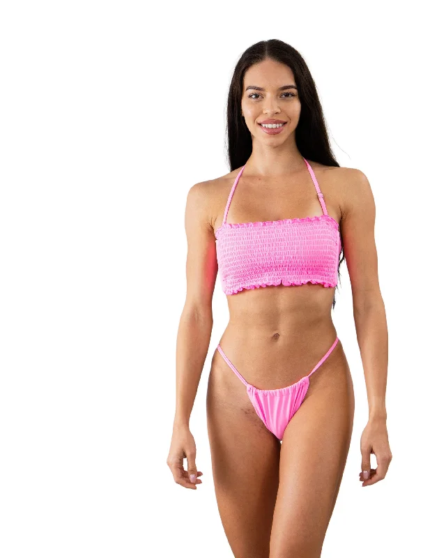 sporty bandeau bikini-Solid Pink Smocked Tie Back Bandeau