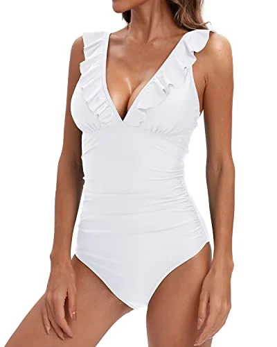 Tummy Control One Piece Swimsuit Ruffled V Neck Bathing Suit for Women