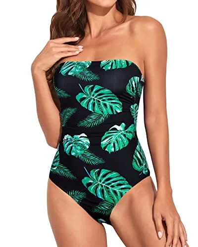 Ruched Shirring Pattern Tummy Control Swimsuit Strapless Bandeau Bathing Suit-Black And Green Leaf