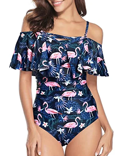 Tummy Control & Vintage Ruffle Flattering One Piece Swimsuit-Blue Flamingo