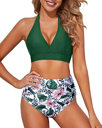 reversible swimwear suit-Double Buckles High Waisted Bikini Women's Bikini Swimsuits-Green Pink Flower