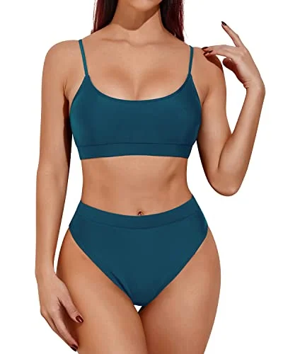 adjustable strap swimwear-2 Piece Slim And Sexy High Waisted Bikini Sporty Scoop Neck Swimsuits-Teal