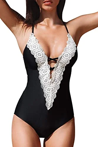 Upopby Deep V-Neck Retro Lace Fashion One-Piece Swimsuit