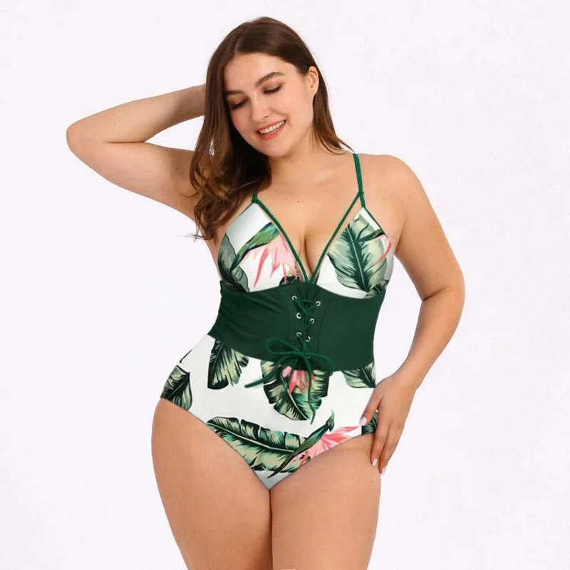 Upopby Print Tunic Corset Plus Size One-Piece Swimsuit