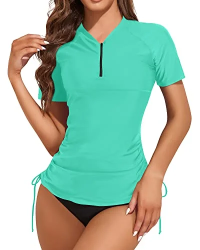 Sun Protected Short Sleeve Rash Guard Swimsuit For Women-Light Blue And Black