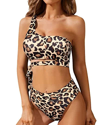 minimalist white swimwear-Chic Two Piece One Shoulder Tie Waisted Bikini Set High Cut Bottoms-Leopard