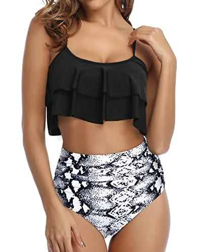 vintage polka swimwear-Boho-Chic Ruffle Bikini Set Removable Padded Cups-Black And White Snake Print