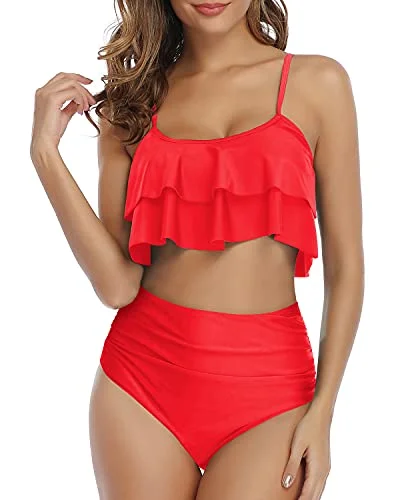 athletic swimwear set-Elegant And Feminine High Waisted Ruffle Bikini-Neon Red