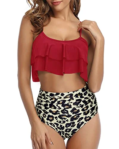 chic swimwear design-Deep Crew Neckline Bikini Set Removable Padded Push Up Bras-Red And Leopard