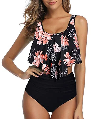 soft pastel swimwear-Conservative And Flirty Two Piece Bikini For Women-Black Orange Floral