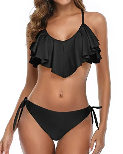 lightweight tankini swimwear-Cross Back Bathing Suit Two Piece Flounce Bikini-Black