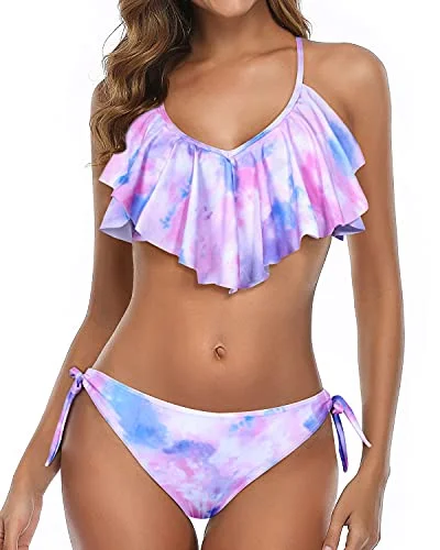 adjustable swimwear top-Cross Back Bathing Suit Ruffled Bikini For Women-Color Tie Dye