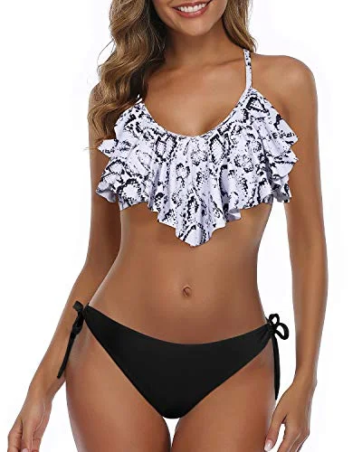 textured swimwear set-Adjustable Spaghetti Straps Ruffled Bikini For Women-White Snake