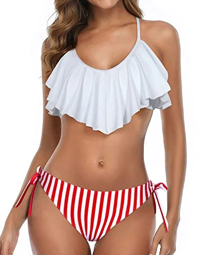 UV-protective swimwear-Double Ruffled Flounce Bikini Top Ruffled Bikini For Women-White Stripe