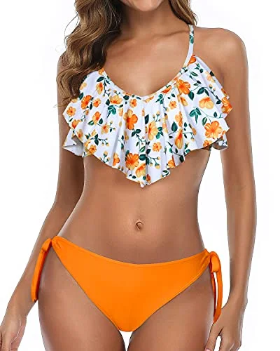 seamless swimwear suit-2 Piece High Cut Bottom Women Cross Back Bathing Suit-Yellow Floral