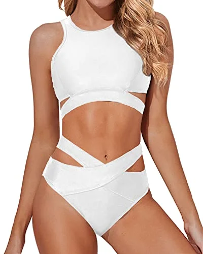 durable swimwear material-Cute And Comfortable Criss Cross Bikini Set Two Piece High Neck Bikini Set-White