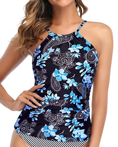 breathable swimwear fabric-Adjustable Neck Tunnel And Straps Tankini Top For Women-Blue Floral