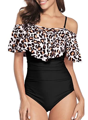 Ruffle Off Shoulder One Piece Swimsuits With Tummy Control For Women-Black And Leopard