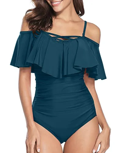 Strapless One Piece Swimsuit Push Up Bra For Women Off Shoulder Swimsuit-Teal