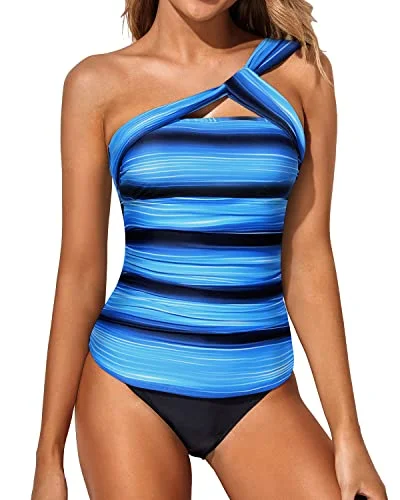 quick-dry tankini swimwear-Backless Two Piece Tankini Bathing Suits For Women-Blue And Black Stripe