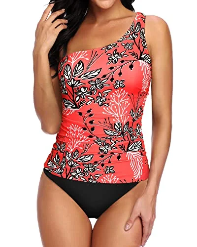 breathable mesh swimwear-Asymmetric One Shoulder Strap Suit For Women Tankini Two Piece-Red Floral