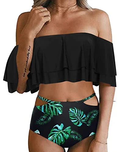 colorful swimwear pattern-Adjustable Strap Ruffle Bikini Set For Women Tummy Control Bottoms-Black Leaf