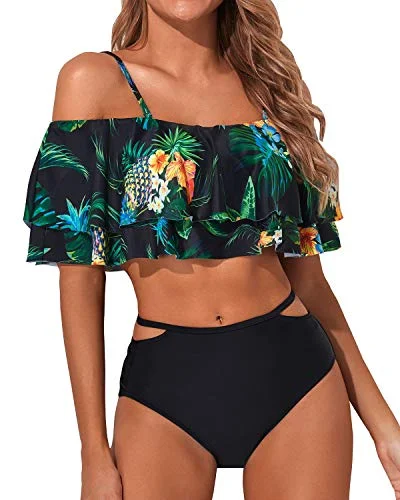 UV-resistant swimwear-Cute Two Piece Swimsuit For Women High Waisted Ruched Bottoms-Black Pineapple