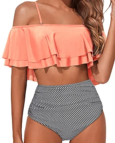 adjustable strap swimwear-Elegant High Waisted Bikini Set Swimsuit Tummy Control-Coral Pink Stripe