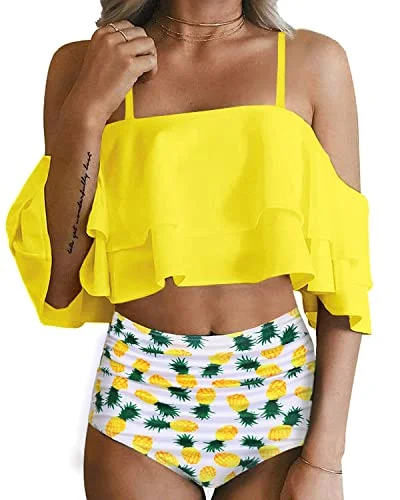 stretch swimwear fabric-Charming Flounce Off Shoulder High Waisted Bikini Set-Yellow Pineapple