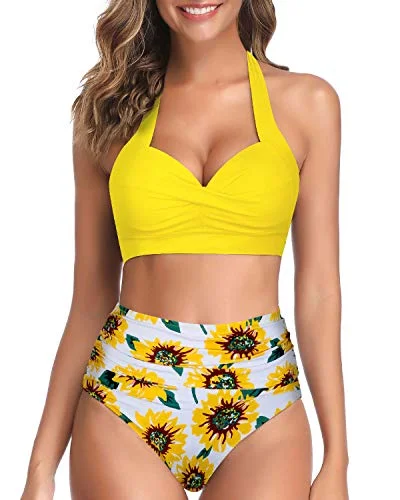 luxury velvet swimwear-Adjustable Halter Neck Two Piece High Waist Swimsuit-Yellow And Sunflower