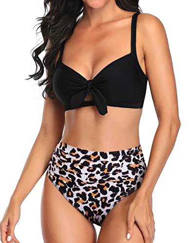 quick-dry swimwear set-Chic Two Piece Swimsuit Tummy Control Ruched Bikini-Black And Leopard