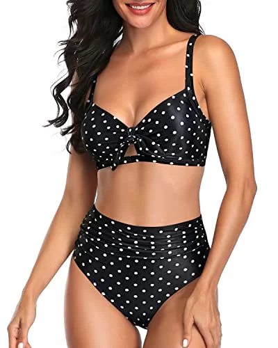 soft yellow swimwear-Adjustable Spaghetti Straps Women High Waisted Bikini Set-Black Dot