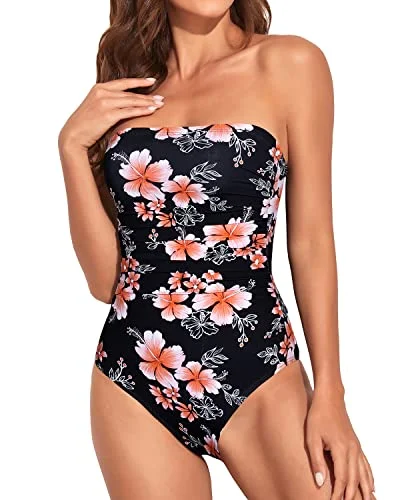 Removable Strap Halter One Piece Swimsuits Tummy Control-Black Floral