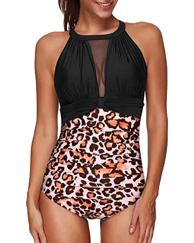 Sexy High Neck Mesh Halter One Piece Swimsuit For Women-Black And Leopard