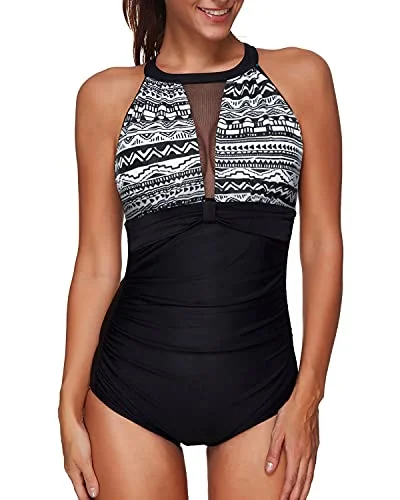 Sheer Mesh High Neck One Piece Swimwear With Tummy Control For Women-Black Tribal