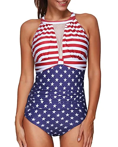 Sexy Mesh High Neck One Piece Swimsuit For Women-National Flag