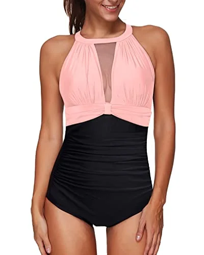 Sheer Mesh Cutout One Piece Swimsuit For Women-Pink And Black