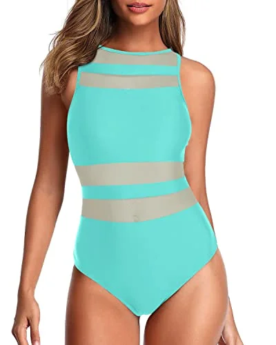 Unique High Neck One Piece Swimsuits For Women-Aqua