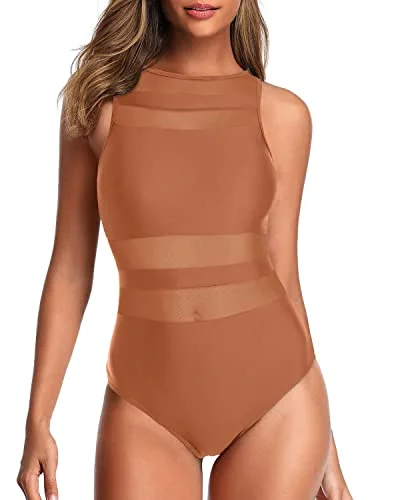 Open Back High Neck One Piece Swimsuit For Women-Brown