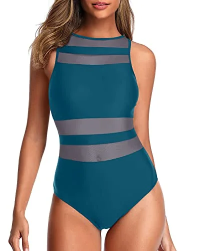 Sexy Sheer Mesh One Piece Bathing Suits For Women Sheer Swimsuits-Teal