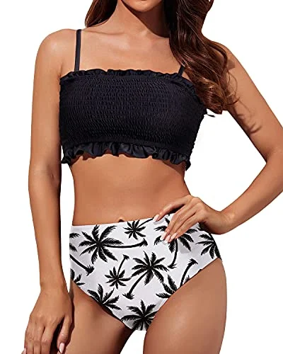 retro floral swimwear-Cute Bathing Suit Bottoms And Ruffled Bikini-Black Palm Tree