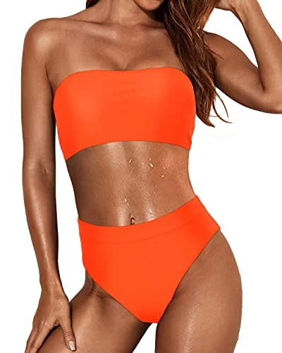 sheer swimwear cover-Curvy Showing Bandeau Bikini Women Two Piece Bandeau Swimsuit-Neon Orange