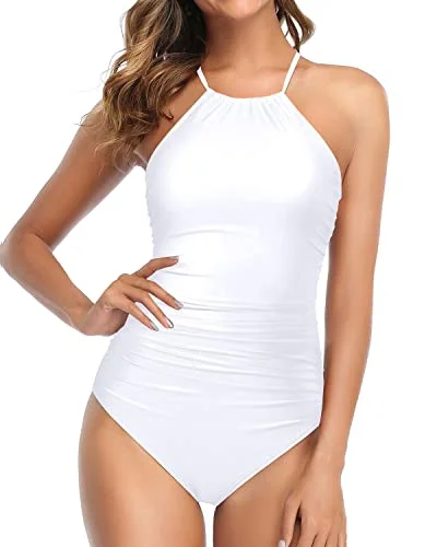 Ruched Women High Neck One Piece Swimsuit Tummy Control Bathing Suit-White