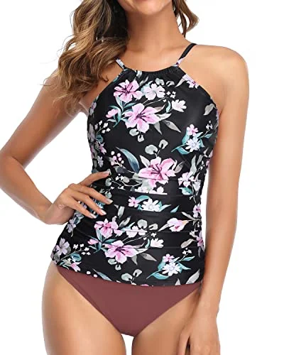 supportive swimwear design-Charming High Neck Ruched Tankini Swimsuit For Women-Black Pink Flowers