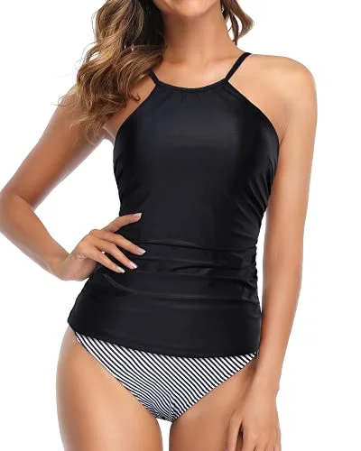 sporty black swimwear-Adjustable Strap High Neck Ruched Tankini Swimsuit For Women-Black Stripe